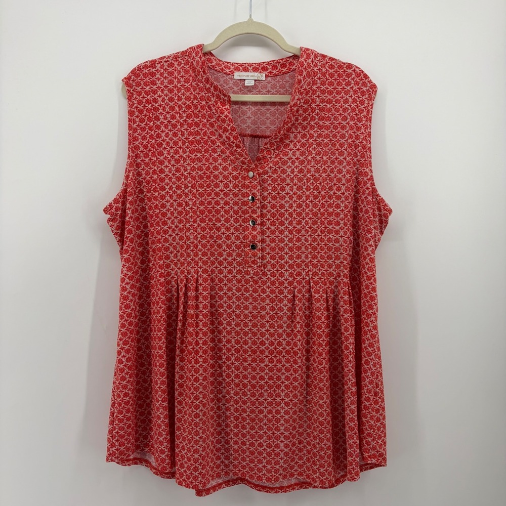 Westport 1962 Womens 2X Red Sleeveless Geometric Floral Pleated Blouse Top